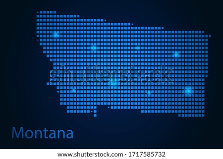 Abstract image Montana map from pixels blue and glowing stars on a dark background. Vector illustration eps 10.