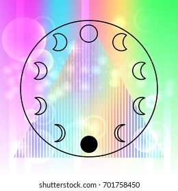 Abstract image of the moon phases on the background of an iridescent triangle. Trend illustration, magic and astrology. Universal Print in the style of aesthetics, vaporwave. Vector mesh EPS 10