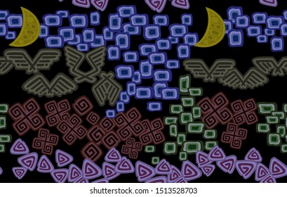 Abstract image of the moon, sky, birds, flowers and earth on black background. Seamless pattern. EPS10 vector illustration.