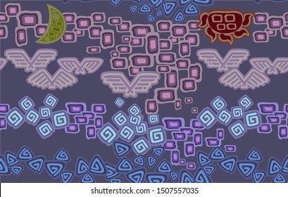 Abstract image of the moon, sun, sky, birds and earth. Seamless pattern. EPS10 vector illustration.
