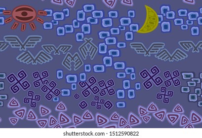 Abstract image of the moon, sun, sky, birds, flowers and earth. Seamless pattern. EPS10 vector illustration.