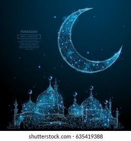 Abstract image of mosque and arabic moon in the form of a starry sky or space, consisting of points, lines, and shapes in the form of planets, stars and the universe. Vector Ramadan Kareem concept