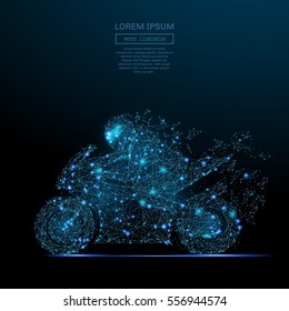 Abstract image of a motorcycle racing in the form of a starry sky or space, consisting of points, lines, and shapes in the form of planets, stars and the universe. Vector wireframe concept.