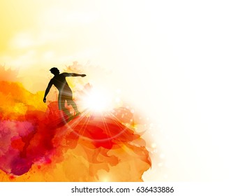 Abstract image of movement, speed and water. Black silhouette of surfer on the sunset color watercolor blots background.