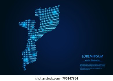 Abstract image Mozambique map from point blue and glowing stars on a dark background. vector illustration.