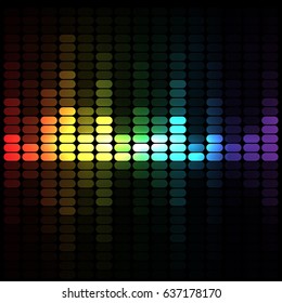 Abstract image of musical equalizer.Rainbow equalizer on black  background. Abstract equalizer. Sound Wave. Audio equalizer technology. Detailed vector bokeh.