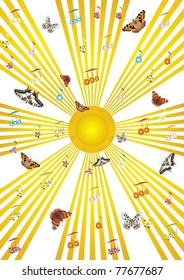 Abstract image of musical lines, which are musical signs and flying butterflies.