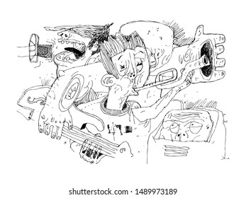 Abstract image of musicians with trumpets, guitars and a microphone. Black and white illustration, can be useful in publications, packaging design, on posters and banners, when decorating interiors.