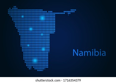 Abstract image Namibia map from pixels blue and glowing stars on a dark background. Vector illustration eps 10.