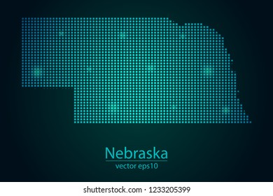 Abstract Image Nebraska Map From Pixel Emerald Green and Glowing Stars on a Dark Background. Vector illustration Eps 10.