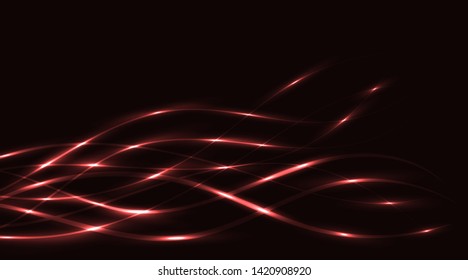 Abstract image with neon lines and dots on a dark red background. For web design. Digital technology concept illustration. Vector graphics