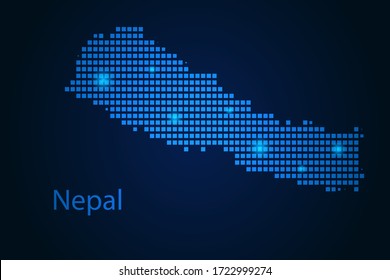 Abstract image Nepal map from pixels blue and glowing stars on a dark background. Vector illustration eps 10.
