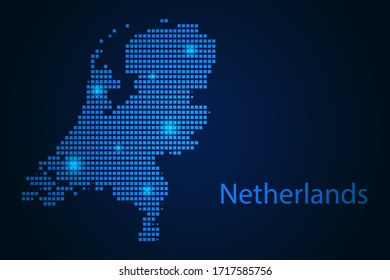 Abstract image Netherlands map from pixels blue and glowing stars on a dark background. Vector illustration eps 10.