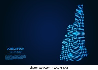 Abstract image New Hampshire map from point blue and glowing stars on a dark background. vector illustration. 