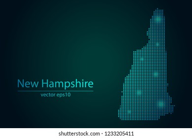 Abstract Image New Hampshire Map From Pixel Emerald Green and Glowing Stars on a Dark Background. Vector illustration Eps 10.