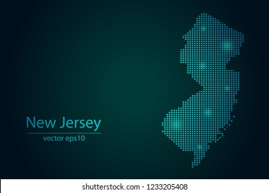Abstract Image New Jersey Map From Pixel Emerald Green and Glowing Stars on a Dark Background. Vector illustration Eps 10.