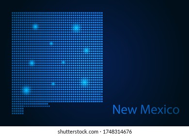 Abstract image New Mexico map from pixels blue and glowing stars on a dark background. Vector illustration eps 10.