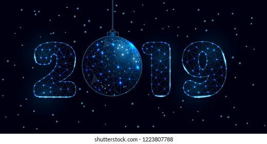 Abstract image of a new year ball on a blue background with snowflakes. Christmassy vector wireframe concept.