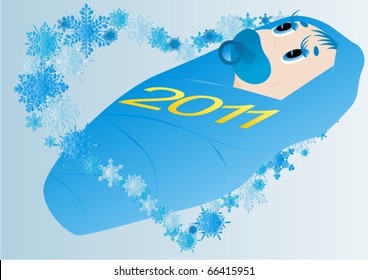 Abstract image of the New Year as a newborn within the snowflakes are located in the heart shape.