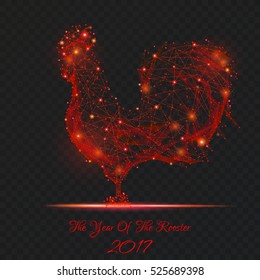 Abstract image of a new year rooster in the form of a fire sky, consisting of points, lines, and shapes. Christmassy vector wireframe concept.