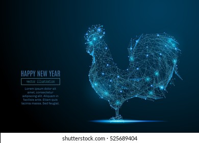 Abstract image of a new year rooster in the form of a starry sky or space, consisting of points, lines, and shapes in the form of planets, stars and the universe. Christmassy vector wireframe concept.