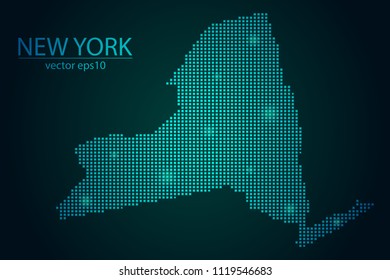 Abstract Image New York Map Pixel look Emerald Green and Glowing Stars on a Dark Background. Vector illustration Eps 10.