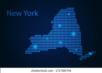 Abstract image New York map from pixels blue and glowing stars on a dark background. Vector illustration eps 10.