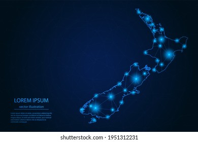 Abstract image New Zealand map - With Blue Glow Dots And Lines On Dark Gradient Background, 3D Mesh Polygon Network Connection, Vector Illustration Eps 10.