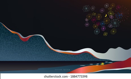 Abstract image of night landscape depicting fireworks over the water, crescent moon hanging in the night sky