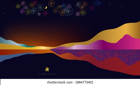 Imagen abstracta del paisaje nocturno que representa fuegos artificiales sobre el agua, luna creciente colgando en el cielo nocturno