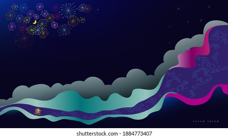 Abstract image of night landscape depicting fireworks over the water, crescent moon hanging in the night sky