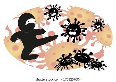 Abstract image of a ninja and coronavirus. Cartoon Samurai fight and covid-19. Symbol of victory over the disease. EPS10 vector illustration