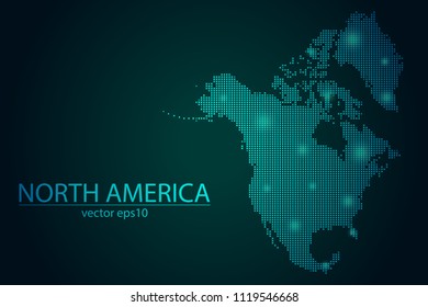 Abstract Image North America Map Pixel look Emerald Green and Glowing Stars on a Dark Background. Vector illustration Eps 10.
