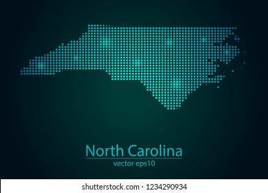 Abstract Image North Carolina Map From Pixel Emerald Green and Glowing Stars on a Dark Background. Vector illustration Eps 10.