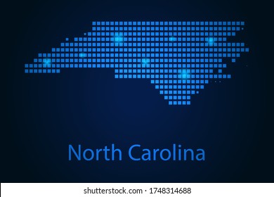 Abstract image North Carolina map from pixels blue and glowing stars on a dark background. Vector illustration eps 10.
