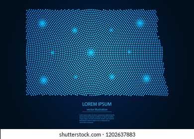 Abstract image North Dakota map from point blue and glowing stars on a dark background. vector illustration. 
