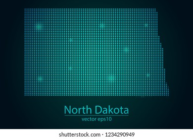 Abstract Image North Dakota Map From Pixel Emerald Green and Glowing Stars on a Dark Background. Vector illustration Eps 10.