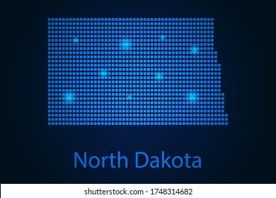 Abstract image North Dakota map from pixels blue and glowing stars on a dark background. Vector illustration eps 10.