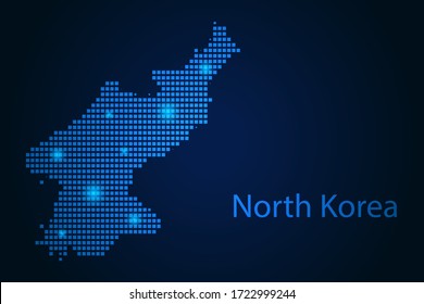 Abstract image North Korea map from pixels blue and glowing stars on a dark background. Vector illustration eps 10.