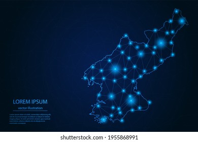 Abstract image North Korea map - With Blue Glow Dots And Lines On Dark Gradient Background, 3D Mesh Polygon Network Connection, Vector Illustration Eps 10.