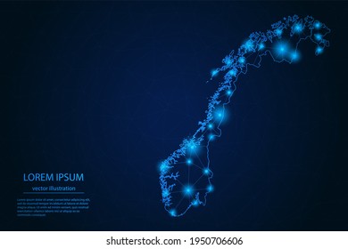 Abstract image Norway map - With Blue Glow Dots And Lines On Dark Gradient Background, 3D Mesh Polygon Network Connection, Vector Illustration Eps 10.