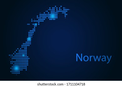 Abstract image Norway map from pixels blue and glowing stars on a dark background. Vector illustration eps 10.