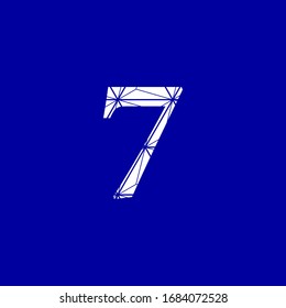 Abstract image of a number seven in white color on a blue background, interconnected digital vector networks