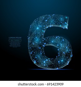 Abstract image of a number six in the form of a starry sky or space, consisting of points, lines, and shapes in the form of planets, stars and the universe. Vector digit 6 wireframe concept.