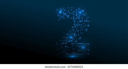 Abstract image of a number two in the form of a starry sky or space, consisting of points, lines, and shapes in the form of planets, stars and the universe. Vector digit 2 wireframe concept.
