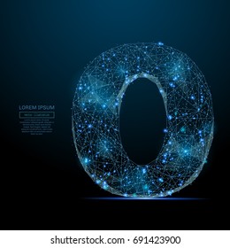 Abstract image of a number zero in the form of a starry sky or space, consisting of points, lines, and shapes in the form of planets, stars and the universe. Vector digit 0 wireframe concept.