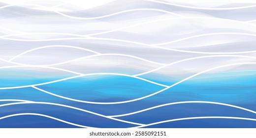 Abstract image of ocean waves in blue and white colors with smooth curved lines.