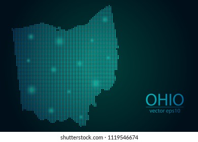 Abstract Image Ohio Map Pixel look Emerald Green and Glowing Stars on a Dark Background. Vector illustration Eps 10.