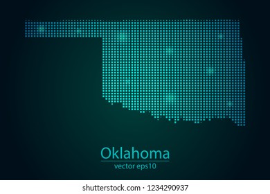 Abstract Image Oklahoma Map From Pixel Emerald Green and Glowing Stars on a Dark Background. Vector illustration Eps 10.