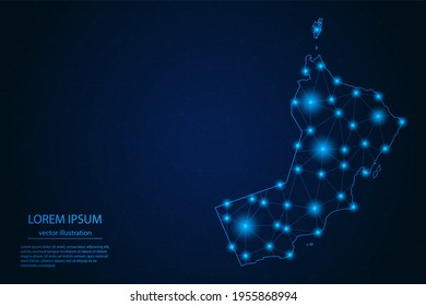 Abstract image Oman map - With Blue Glow Dots And Lines On Dark Gradient Background, 3D Mesh Polygon Network Connection, Vector Illustration Eps 10.